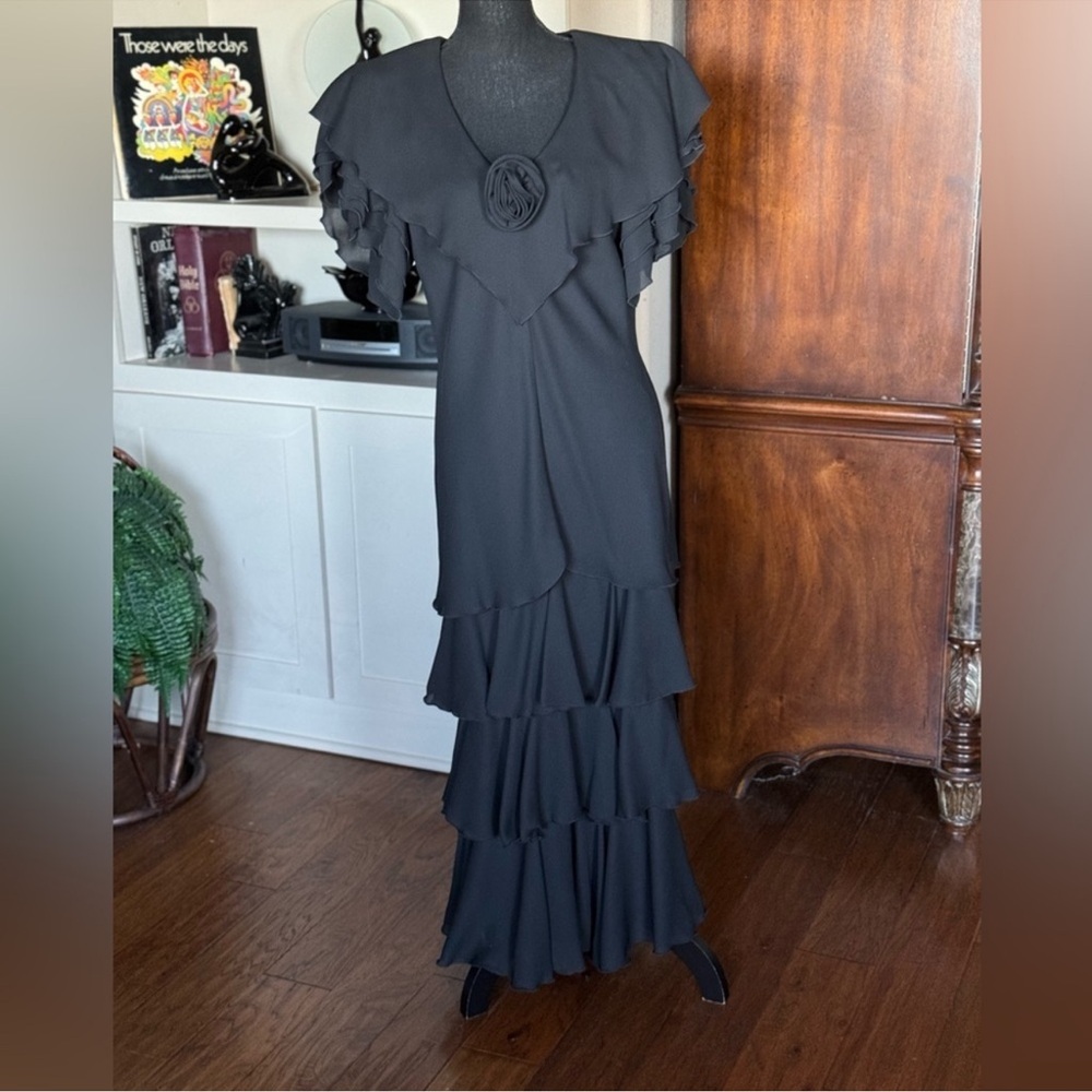 Vintage After Dark Black Ruffle Maxi‎ Dress - Picture 2 of 14